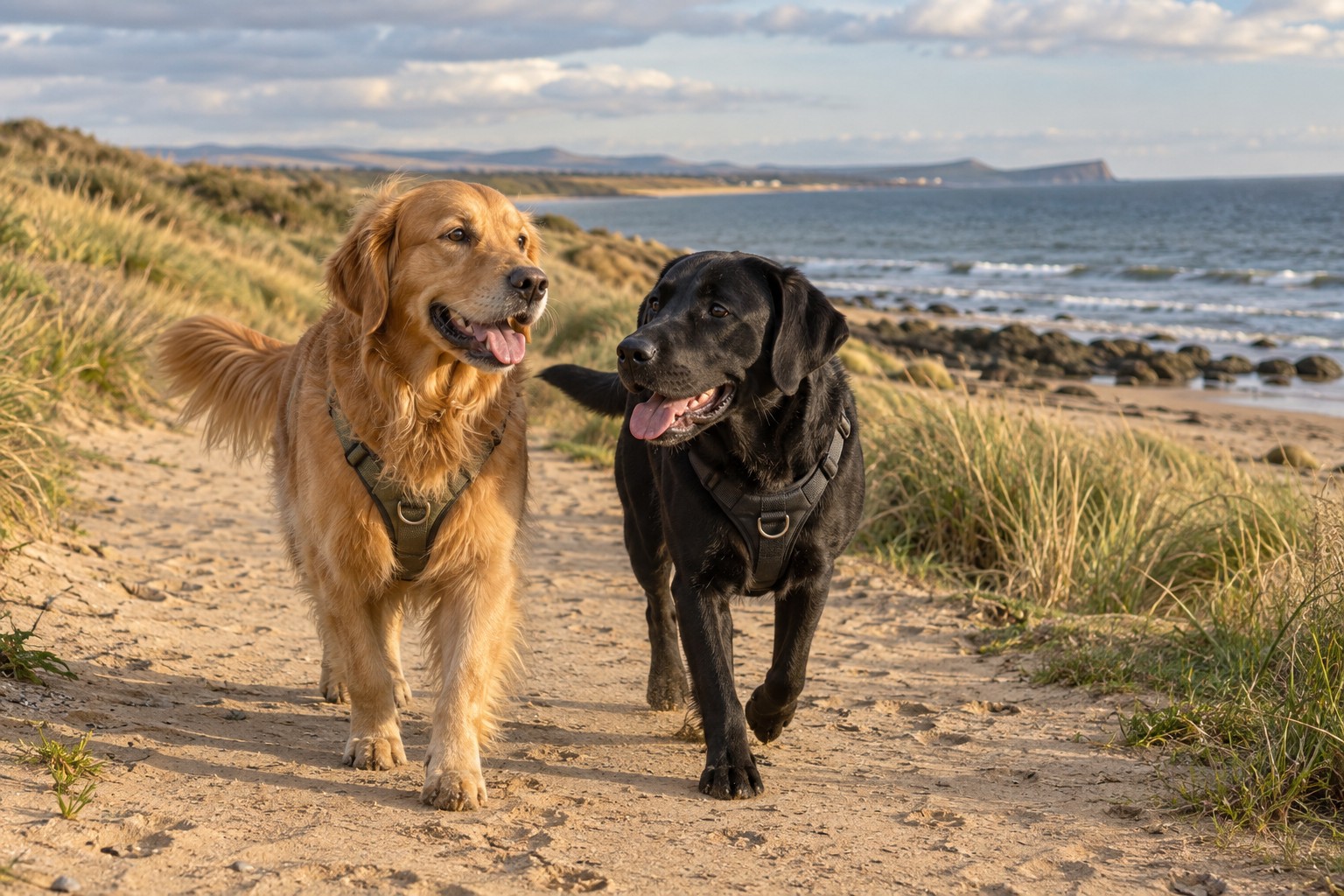 Generated scene of a golden retriever and black Labrador on a sandy Fife-inspired coastal path