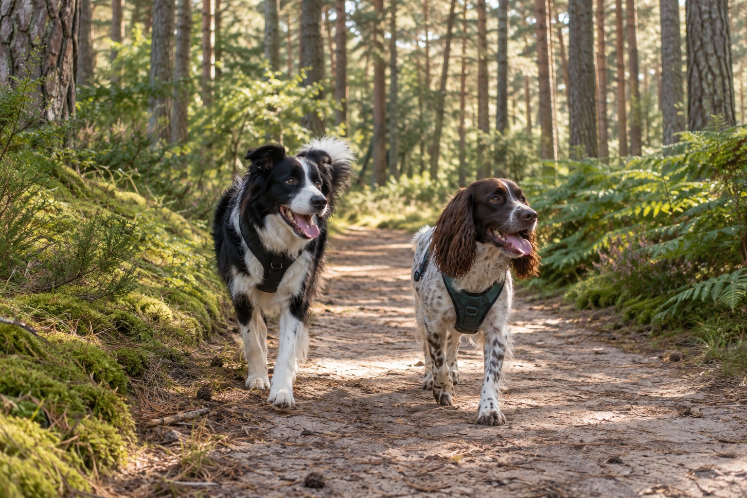 Generated scene of a collie and spaniel on a sunlit pine trail inspired by Tentsmuir Forest